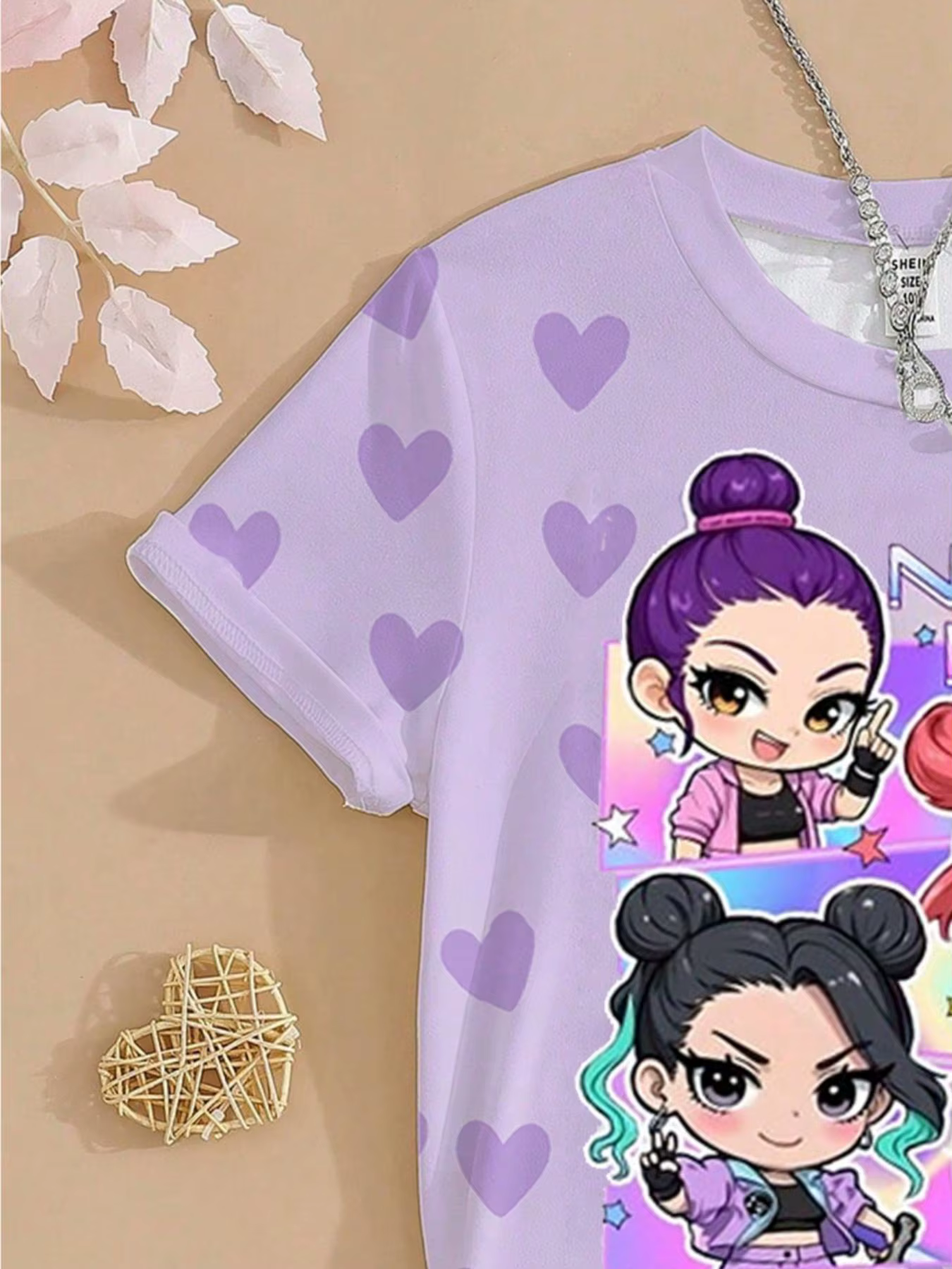 T-shirt graphique K-Pop pour filles - Motif cœur violet imprimé Nova Beat Chibi, tee-shirt décontracté pour enfants