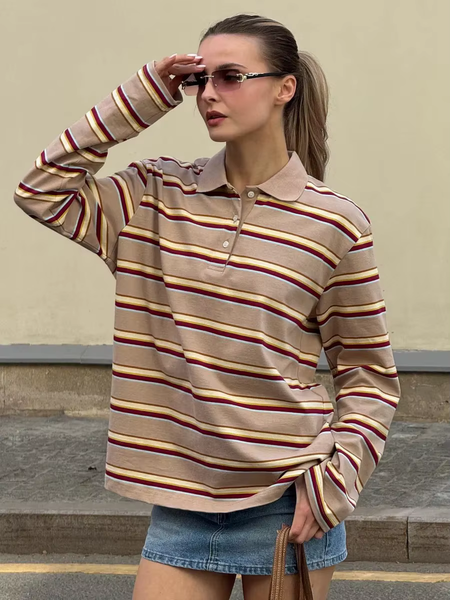 Wolfeel Femmes Vintage Inspiré Rétro Rayé Col Polo Surdimensionné Goutte Épaule Manches Longues T-Shirt À La Mode Haut Décontracté