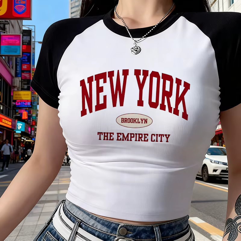 T-shirt court à col rond imprimé Lettre New York pour femme