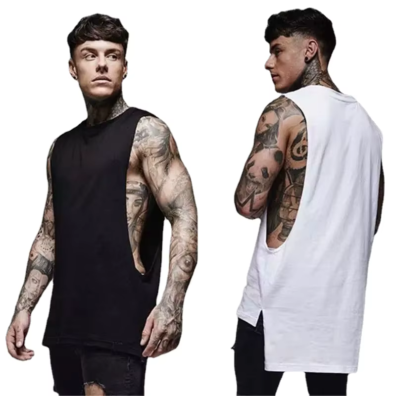Chemise de sport en coton pour hommes, haut de sport, vêtements de fitness d'été, chemise d'entraînement, chemise longue pour hommes, Hip Hop