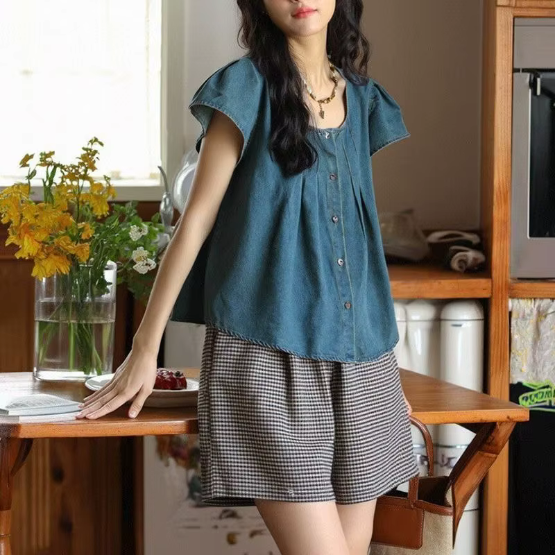 Chemise en jean japonaise à manches courtes pour femme