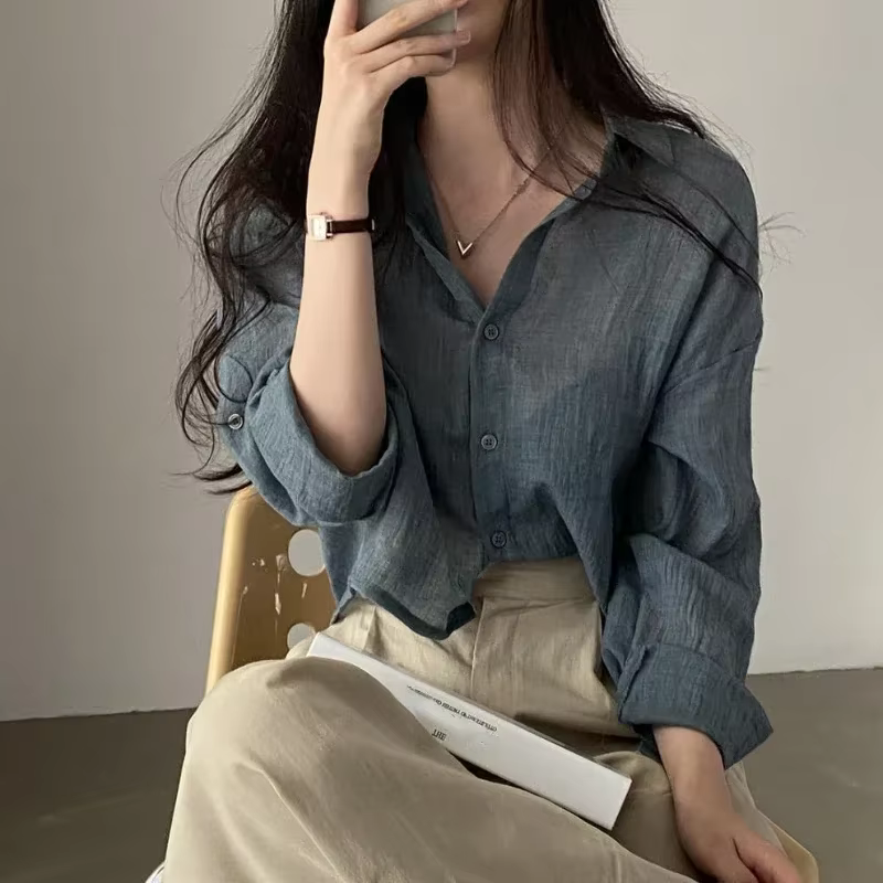 Chemise tendance chemisier Simple mince couleur Pure Anti-UV