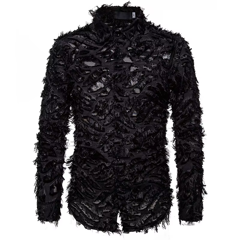 Chemise noire sexy à manches longues et plumes pour hommes
