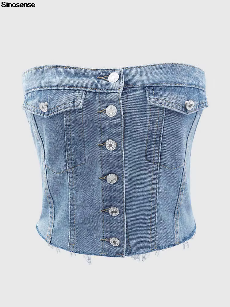 Haut court en denim sans bretelles pour femme