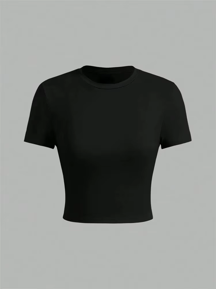 Couleur unie basique recadrée t-shirts pour femmes décontracté col rond à manches courtes haut court été coupe ajustée t-shirt Streetwear 2025