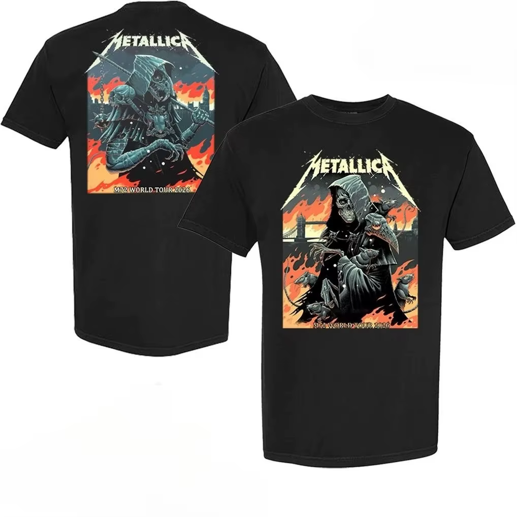 T-shirt Metallica M72 London 2026 avec les dates de la tournée mondiale des membres du groupe