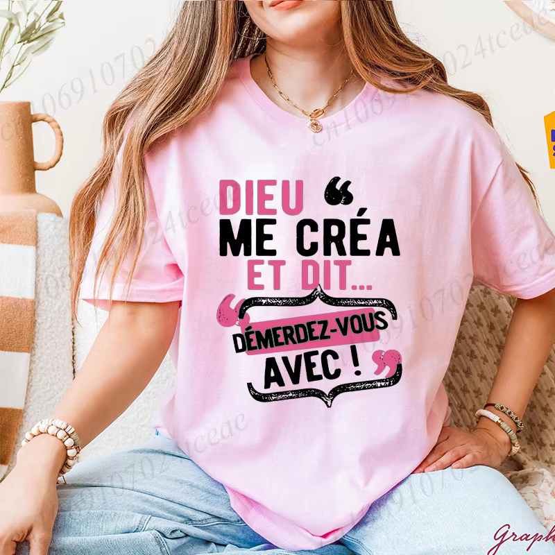 T-shirts pour femmes T-shirt décontracté à col rond avec citation française "Dieu Me C'est Mon Saint" - Haut à manches courtes avec lettres ludiques imprimées