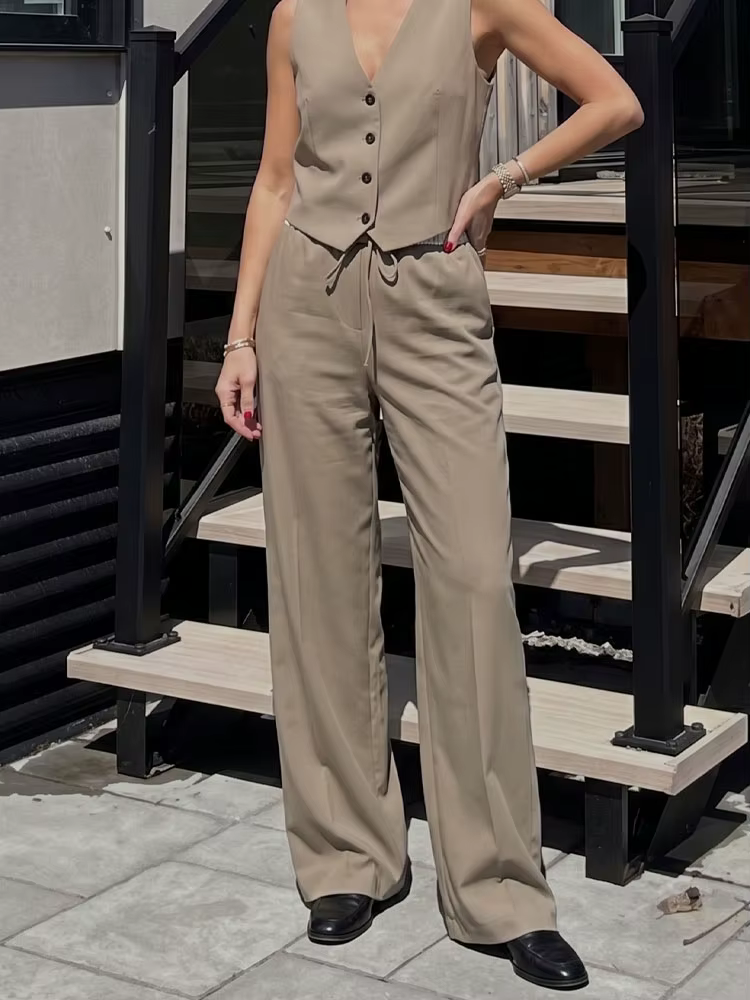 Ensemble pantalon élégant et décontracté marron pour femme