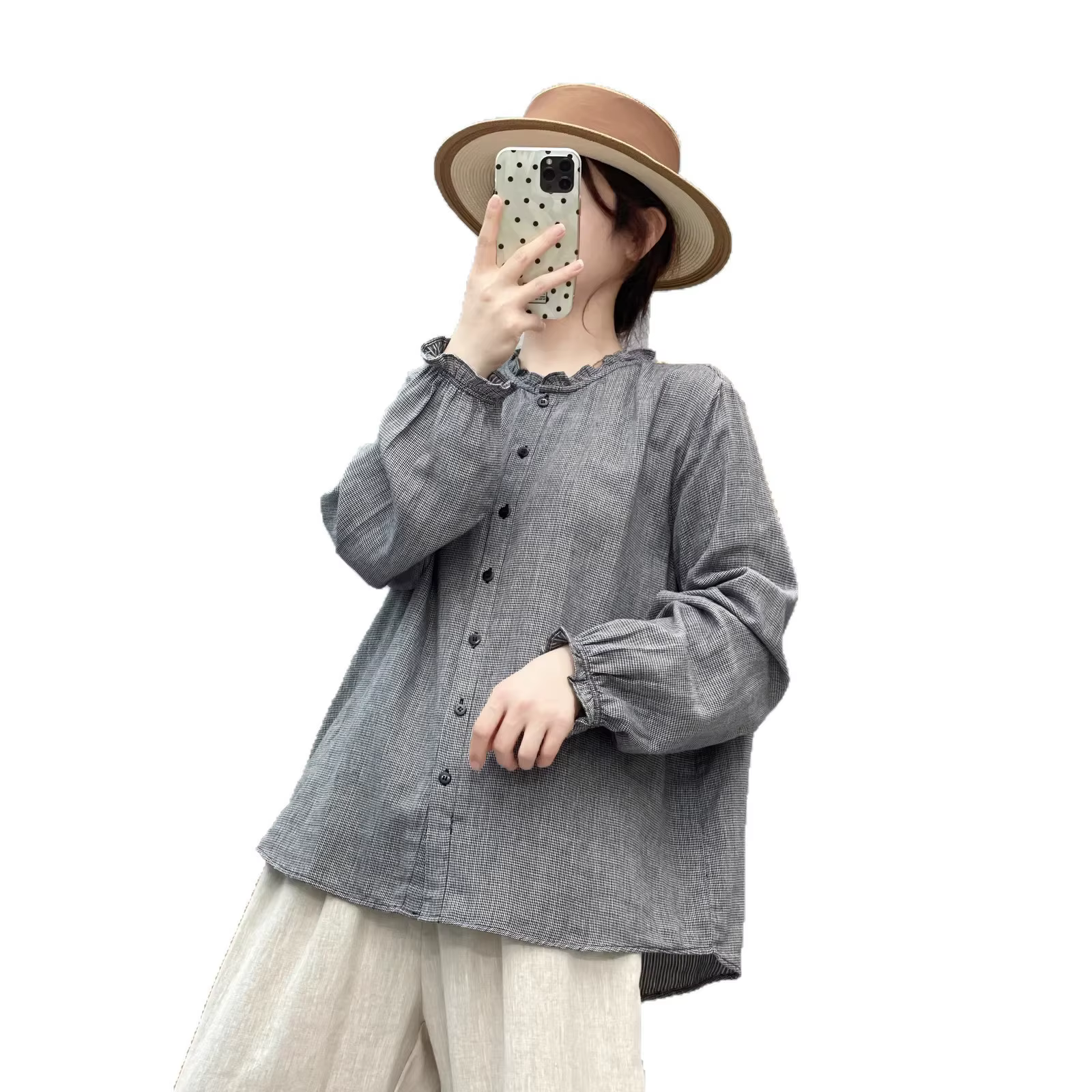 Chemise en coton à manches longues et col en dentelle élégante pour femme