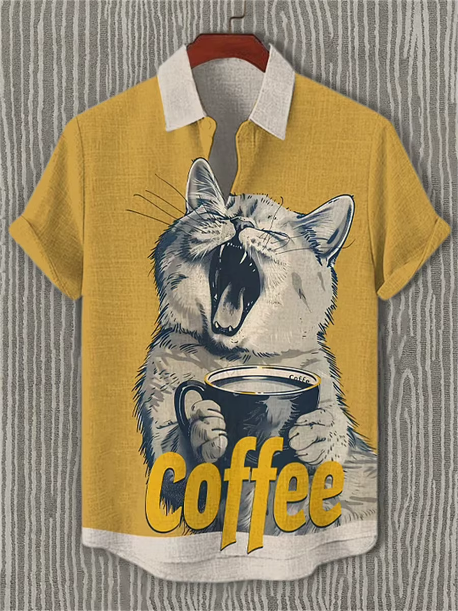 Chemise à manches courtes imprimée sur le thème du chat pour hommes