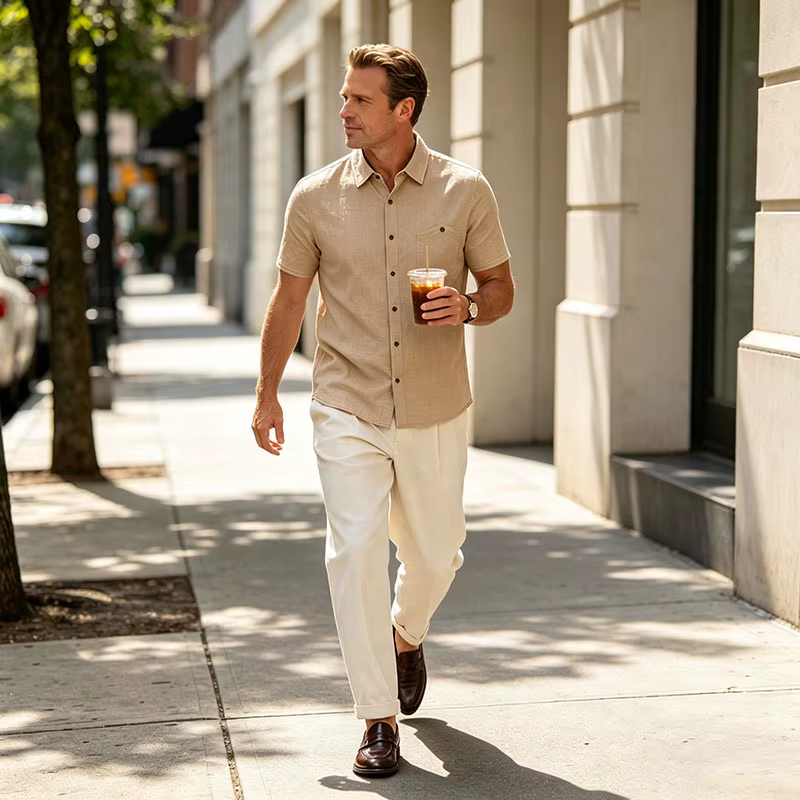 Chemise à manches courtes en lin mélangé pour homme