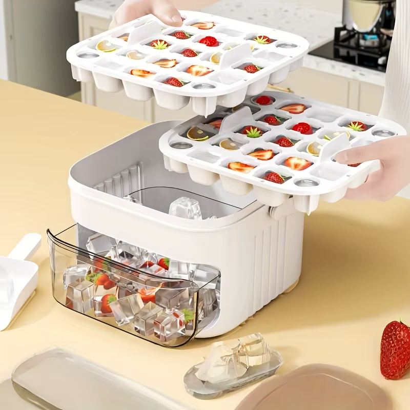 Bac à glaçons Compact Double couche avec couvercle et bac, tiroir à glace extractible avec poignée Portable, accessoires de cuisine, Gadgets