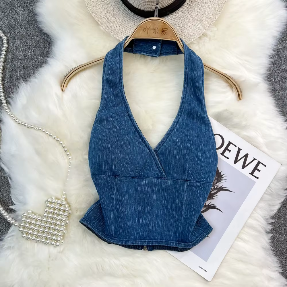 Précieux haut en jean pour femmes, épaules dénudées, dos nu, streetwear, été, col en v, mode, livraison directe
