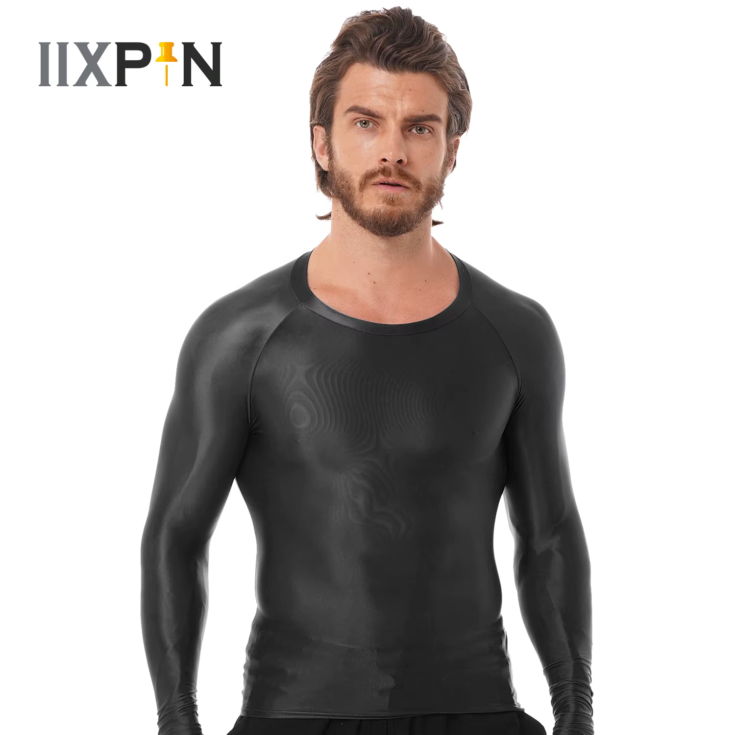 Hommes hommes brillant T-Shirts hauts coupe ajustée respirant Yoga hauts de sport huile brillant à manches longues Transparent T-shirt course maillot de corps