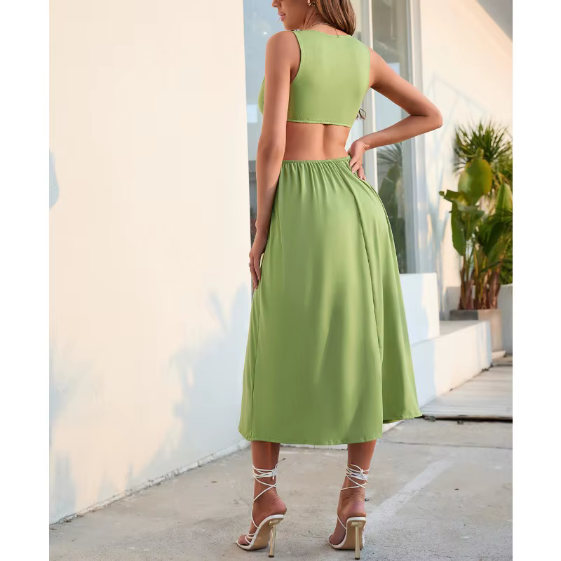 Sans manches jarretelle débardeur évider arc froncé longue Maxi décontracté col en V robes printemps été Sexy Chic femmes robe de vacances