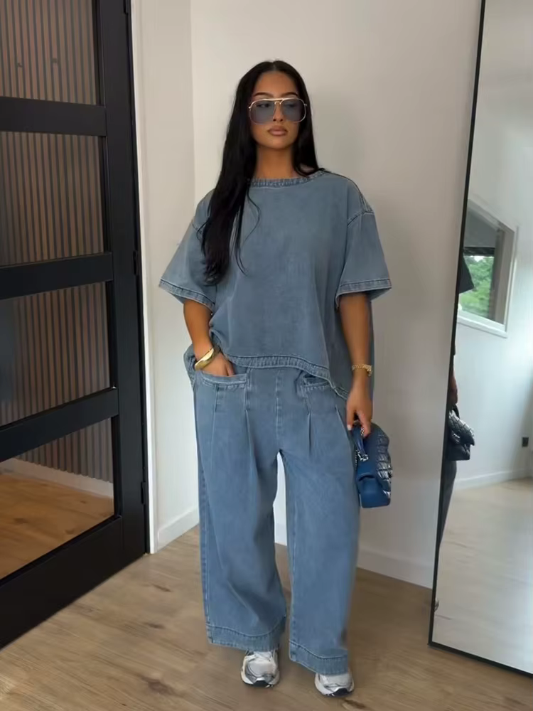 Ensemble pantalon et haut oversize en jean pour femme
