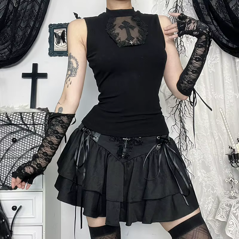 Goth foncé été réservoirs haut solide basique Techwear hauts femmes centre commercial gothique maille Patchwork croix gilet sans manches T-shirt Alt vêtements