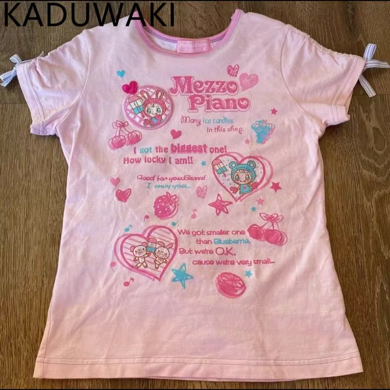 T-shirt rose imprimé dessin animé japonais Kawaii