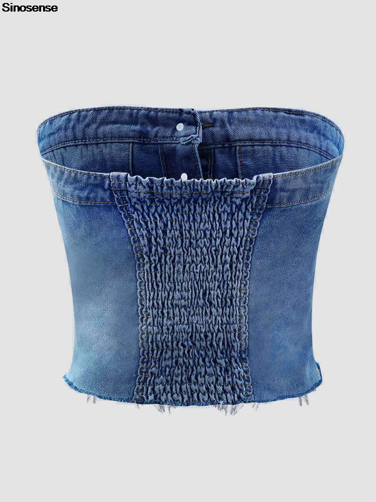 Haut court en denim sans bretelles pour femme