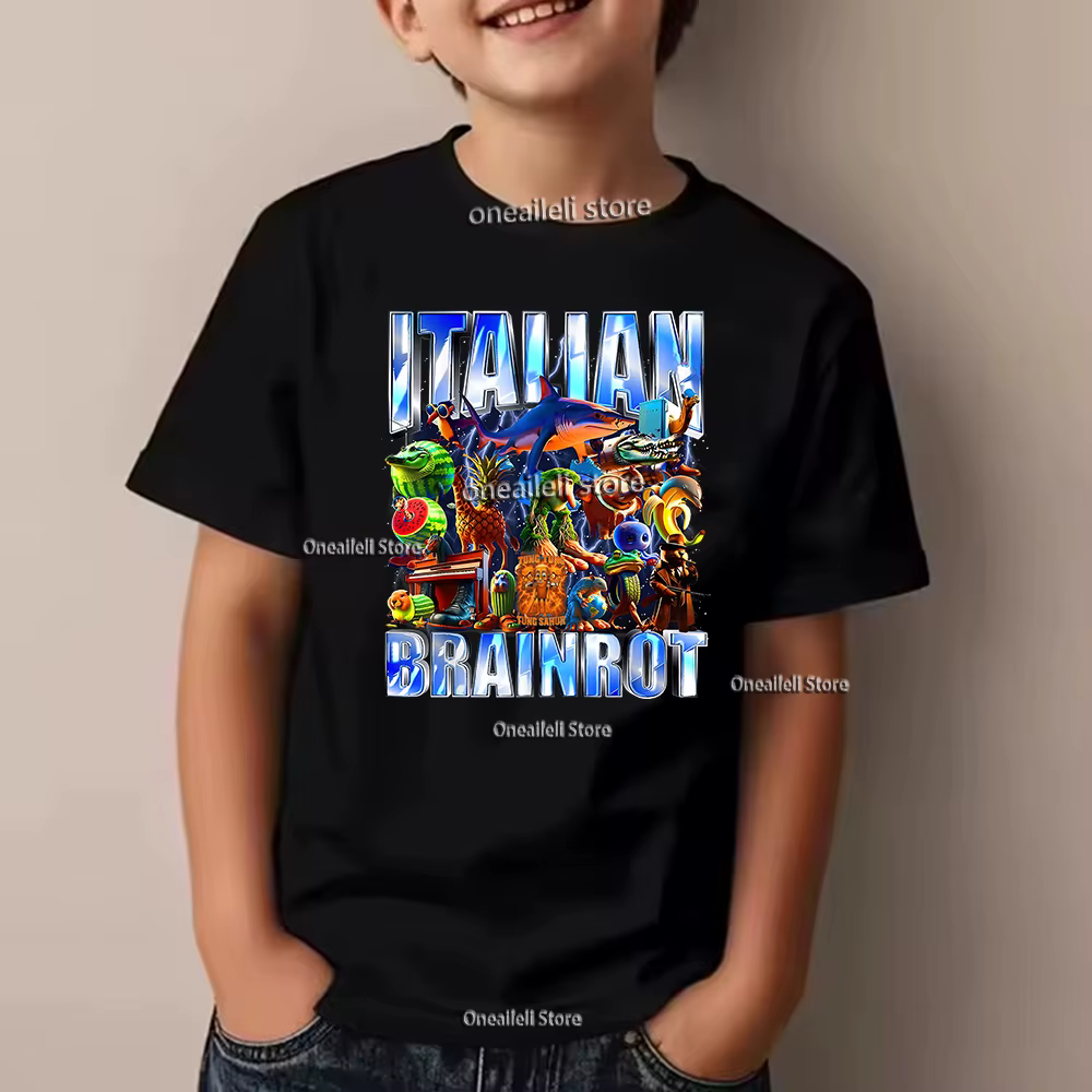 Été italien Brainrot enfants T-shirt drôle Tralalero Tralalas Tung Sahur manches courtes Bombardiro Crocodile Cappuccino garçon hauts