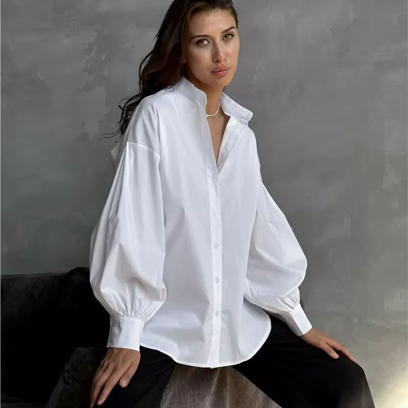 Élégant lanterne manches femmes chemise blanche 2025 nouvelle mode Streetwear surdimensionné Blouses décontracté col montant ample femmes chemises