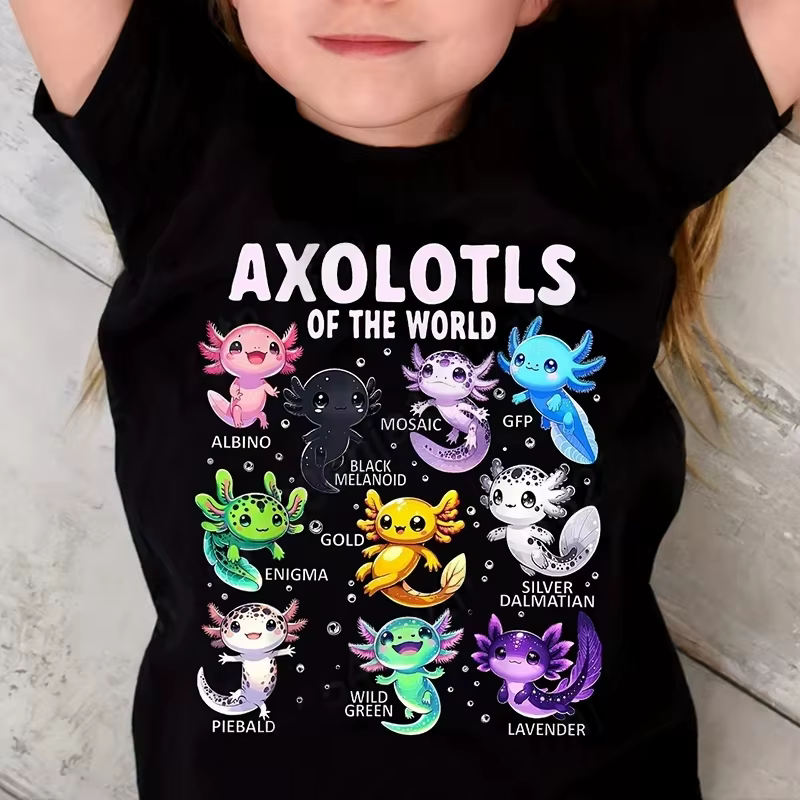 Dessin animé coloré Axolotls graphique impression 3D T-Shirt été décontracté confortable filles vêtements 2-10Y