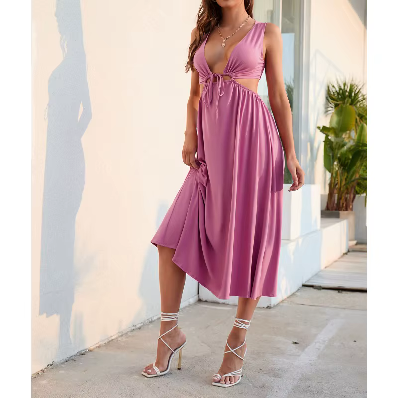 Sans manches jarretelle débardeur évider arc froncé longue Maxi décontracté col en V robes printemps été Sexy Chic femmes robe de vacances