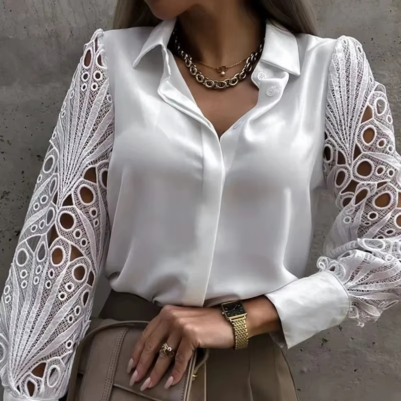 Blanc Sexy dentelle évider femmes Blouse automne printemps haut noir Vintage boutonné chemises à manches longues hauts