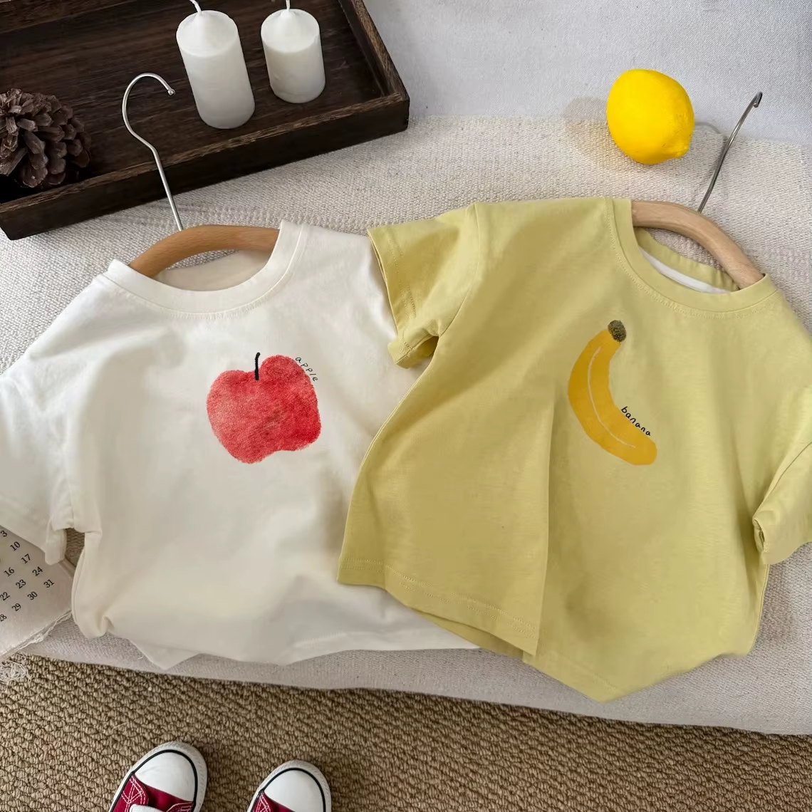T-shirt Apple Banana pour garçons et filles, vêtements d'été mignons, col rond, haut en pur coton, t-shirts blancs et jaunes pour tout-petits