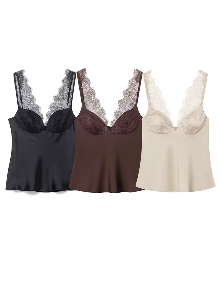 HH Femme Mode Décoration en dentelle Haut court uni Sexy Sans manches Dos nu Col en V Fermeture éclair latérale Texture satinée 3 couleurs Hauts d'été