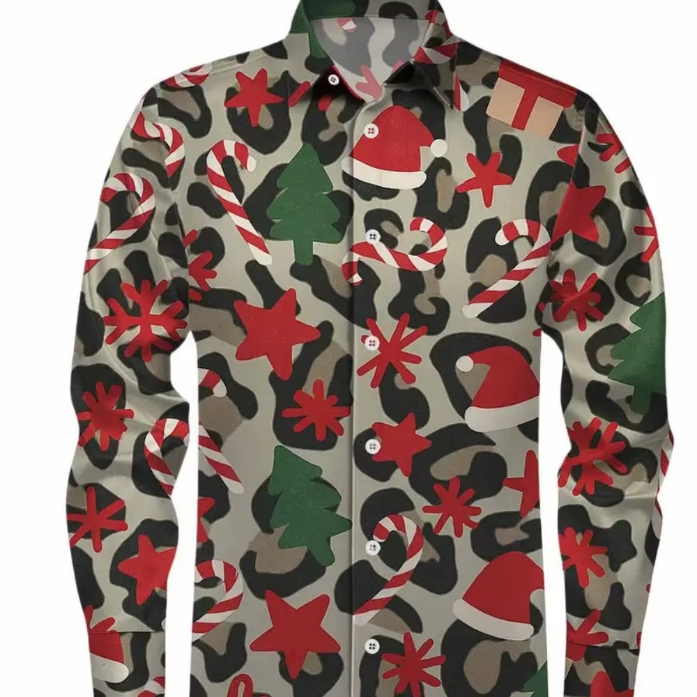 Nouveau 2025 hommes à manches longues chemise décontractée motif de noël imprimé Streetwear pour printemps automne vacances
