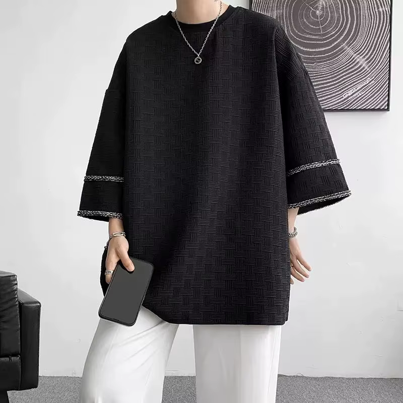 Vêtements pour hommes demi manches pulls élégant ligne lumineuse décoration été décontracté col rond tout-match couleur unie T-shirts amples