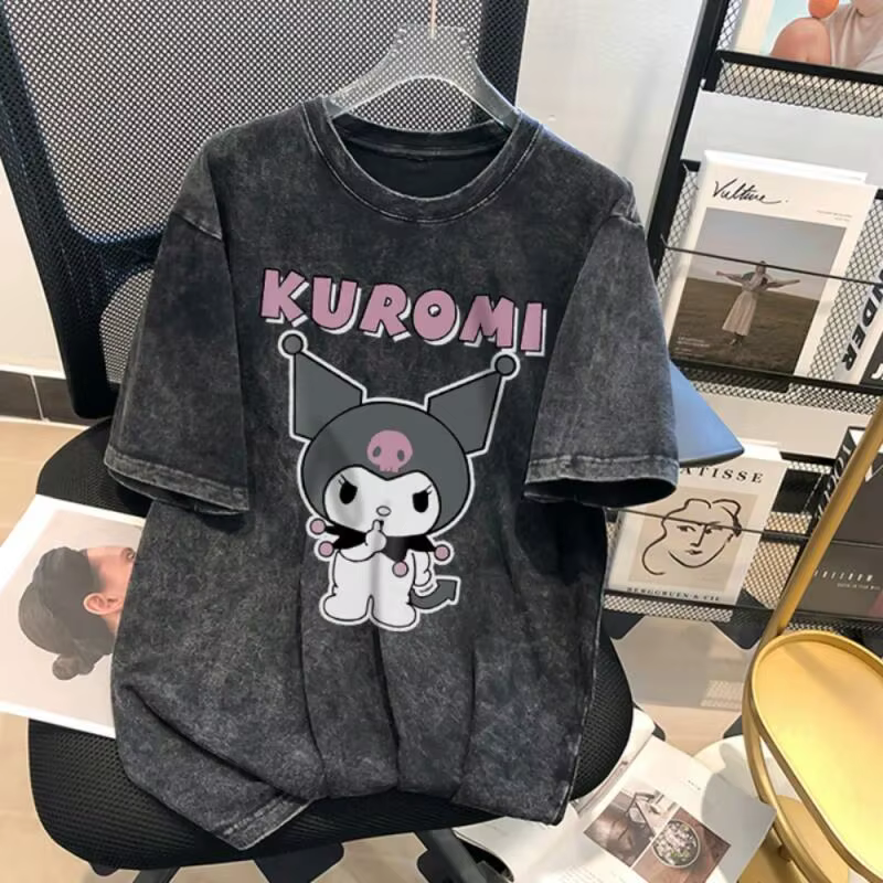 T-shirt d'été Kuromi pour hommes et femmes, style rétro américain, en coton délavé, coupe ample, effet usé, manches courtes, imprimé dessin animé