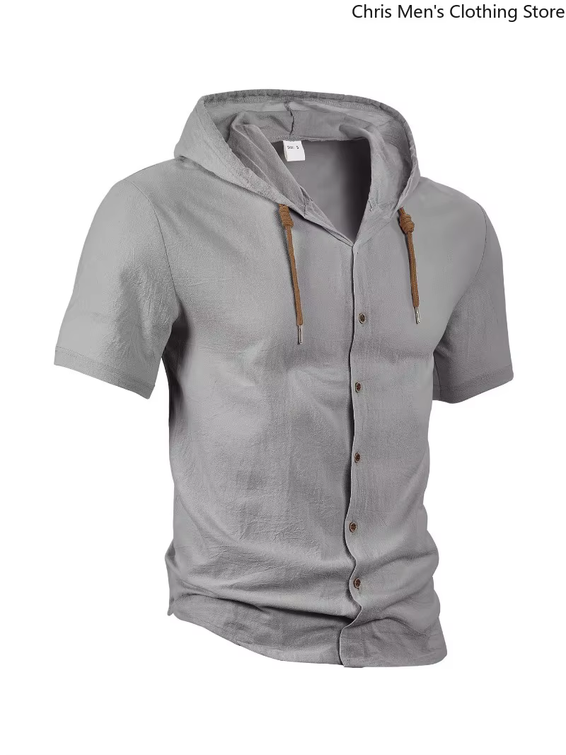 Chemise à capuche à manches courtes en lin pour hommes-T-Shirt de vacances léger et confortable haut vêtements pour hommes