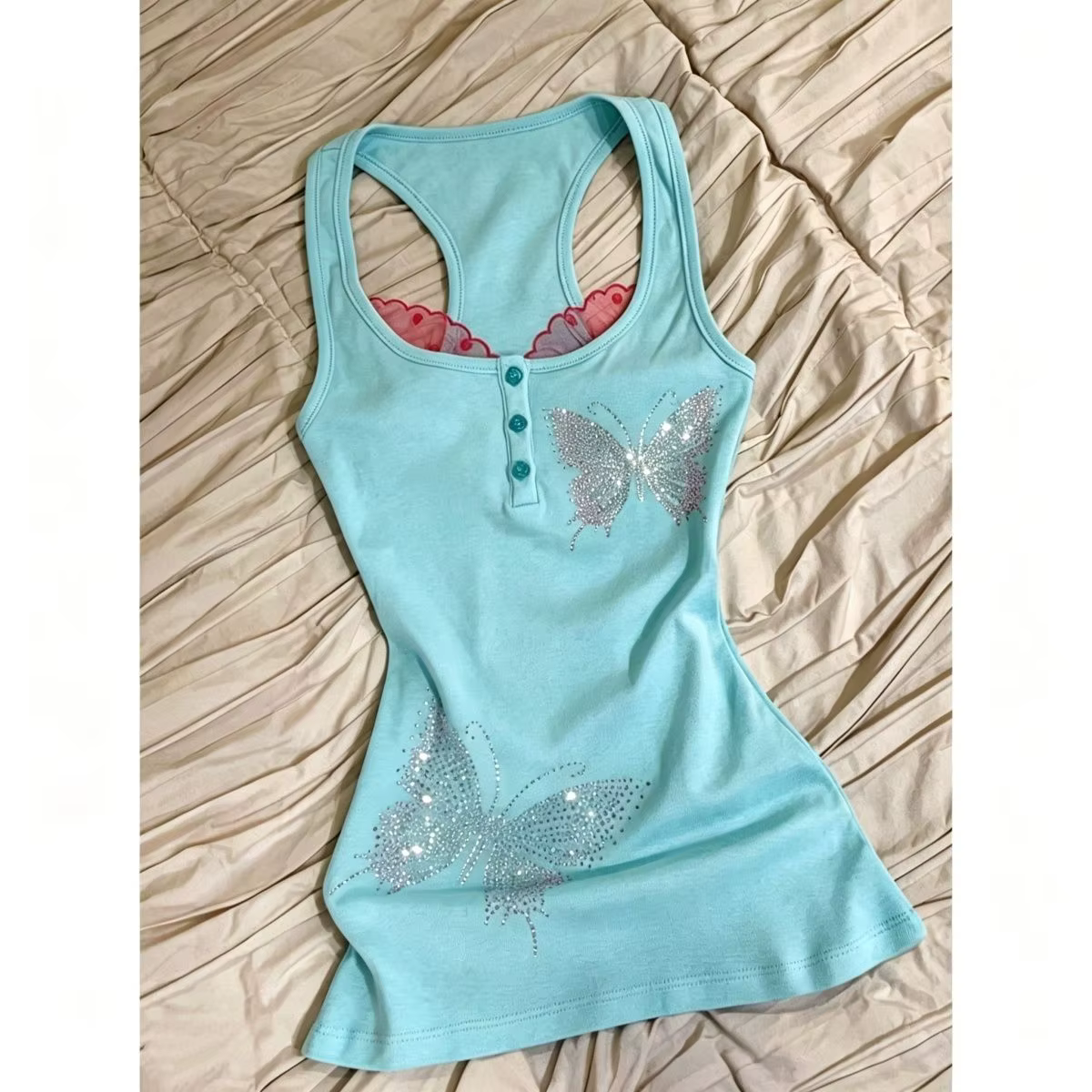Débardeur Cami Rétro Y2K Vert Menthe avec Strass Papillon Style Vintage Américain