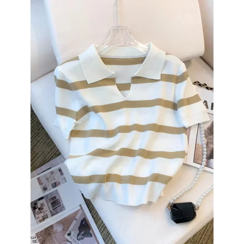 Nouveau pull à col rayé 2026 – Haut court tricoté polyvalent à manches courtes pour femme