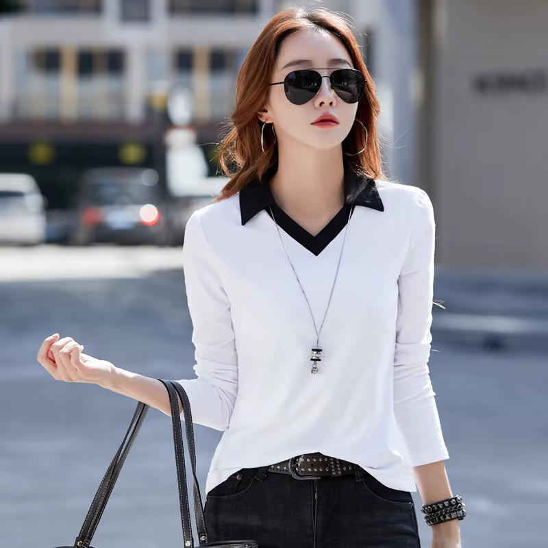 Polo à manches longues en coton pour femmes, coupe ample, chemisier décontracté, col de couleur contrastée, mode automne, haut pour un usage quotidien, nouvelle collection 2026