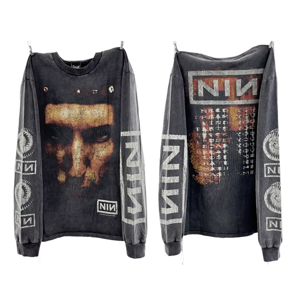 T-shirt à manches longues oversize unisexe Saint NIN Nine-inch Nail effet délavé