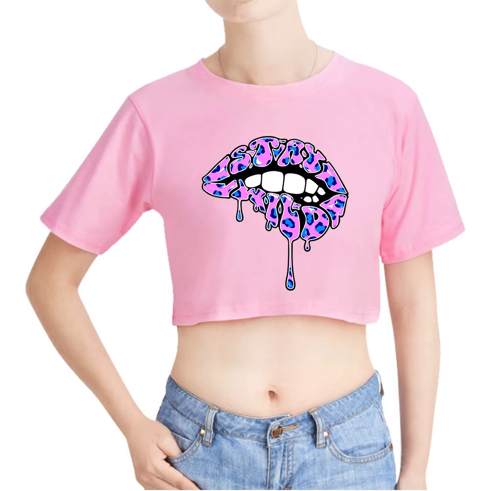 Ben Azelart Stay Wild Lip Vintage 90s Crop Top Exposed Navel T-Shirt Oversize O-Neck Tops Women Funny