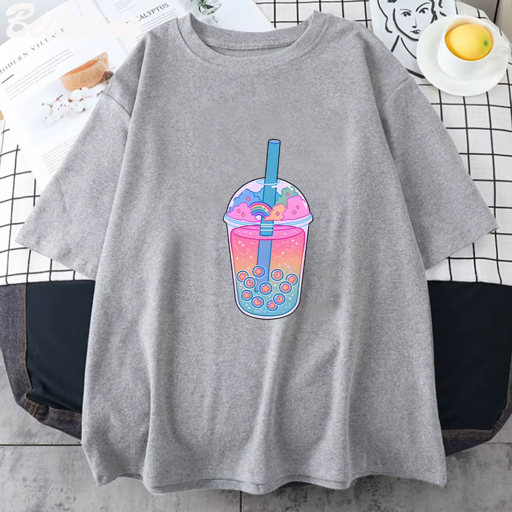Boba Tea – T-shirt noir à manches courtes pour femme