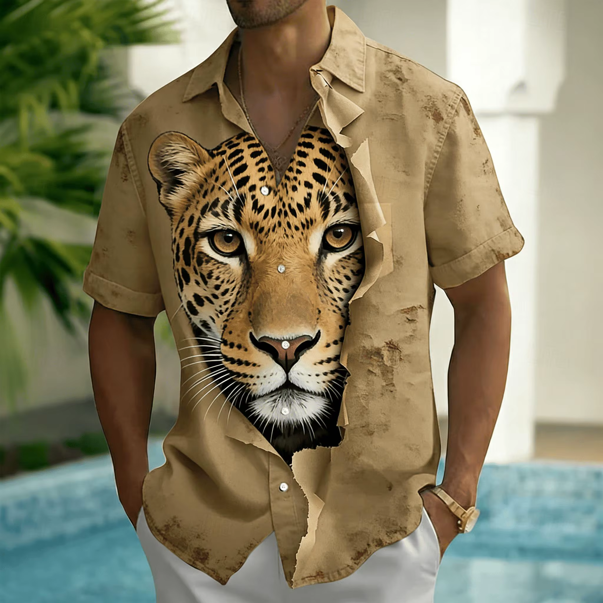 Chemise à manches courtes pour homme avec imprimé tête de léopard 3D