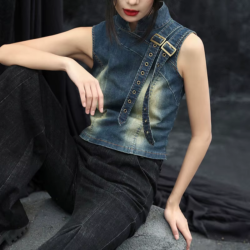 Haut en Denim pour femmes, nouveau T-shirt rétro d'été 2025, col montant, T-shirt court polyvalent à la taille