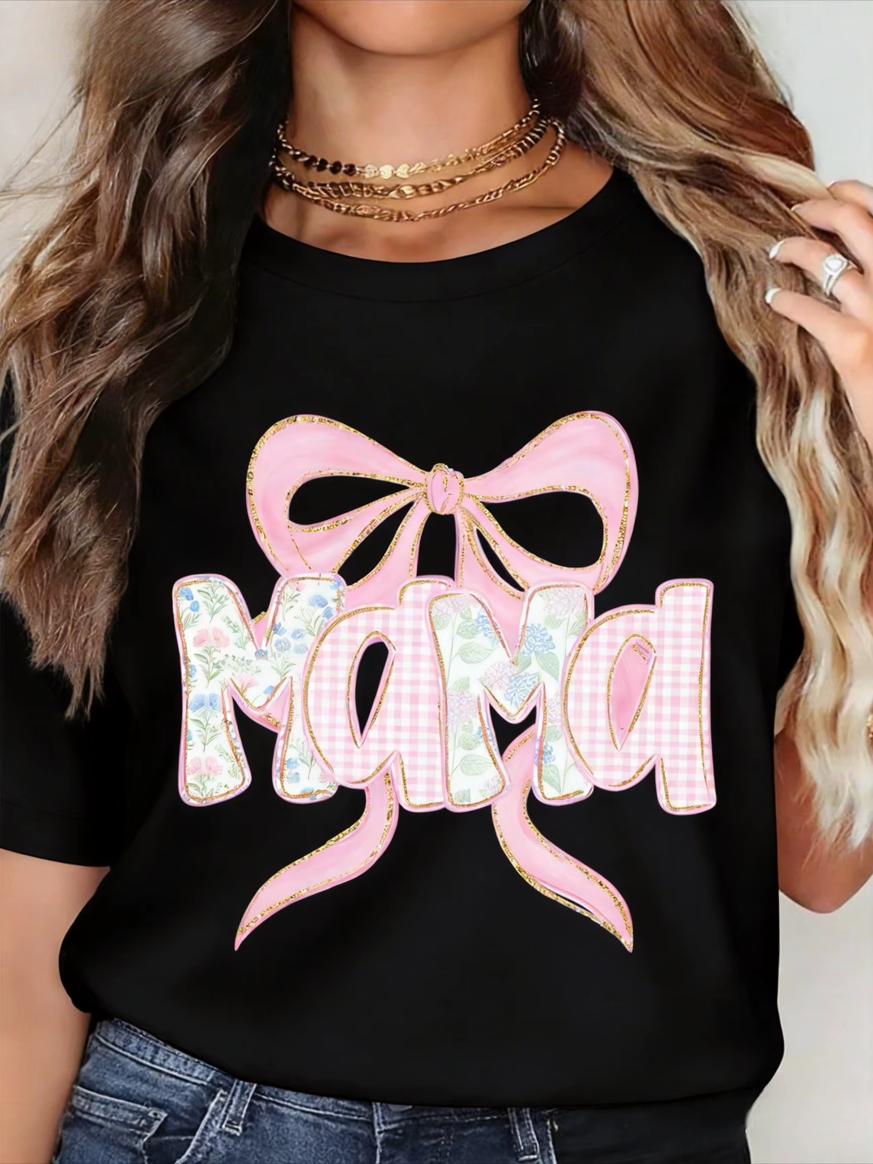 T-shirt rose à nœud imprimé MAMA