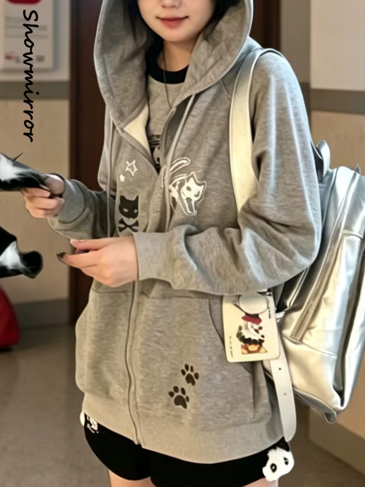 Sweat-shirt court gothique à capuche zippé pour femme