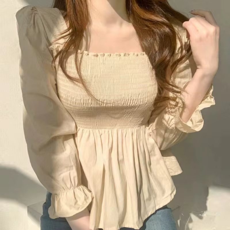 Élégant à manches longues plissé blanc femmes Blouse bureau dame mode doux col carré chemise nouveau décontracté élastique mince hauts 8023