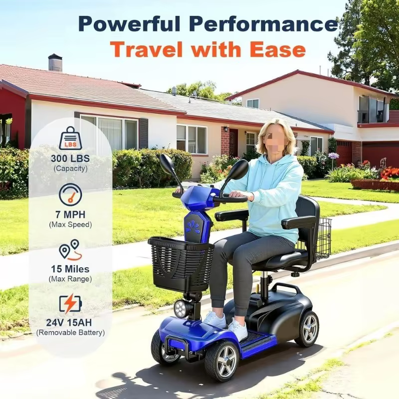 Scooter électrique à 4 roues avec deux paniers, moteur 350W, siège rotatif, port USB, capacité de 300 lb, personnalisé