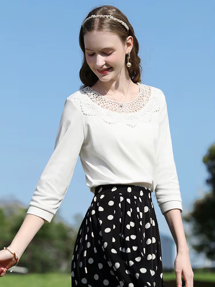 Je crois que vous T-shirt trois quarts blanc pour femmes printemps 2025 col rond hauts évidé broderie t-shirts occasionnels 2251015924