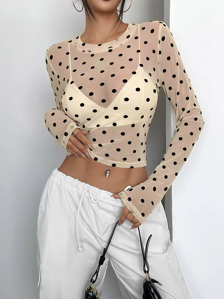 Femmes à pois à manches longues hauts en maille Sexy voir à travers des chemisiers transparents chemises sortie haut