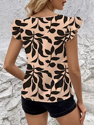 Haut à manches volantées imprimé feuilles beige et noir pour femme