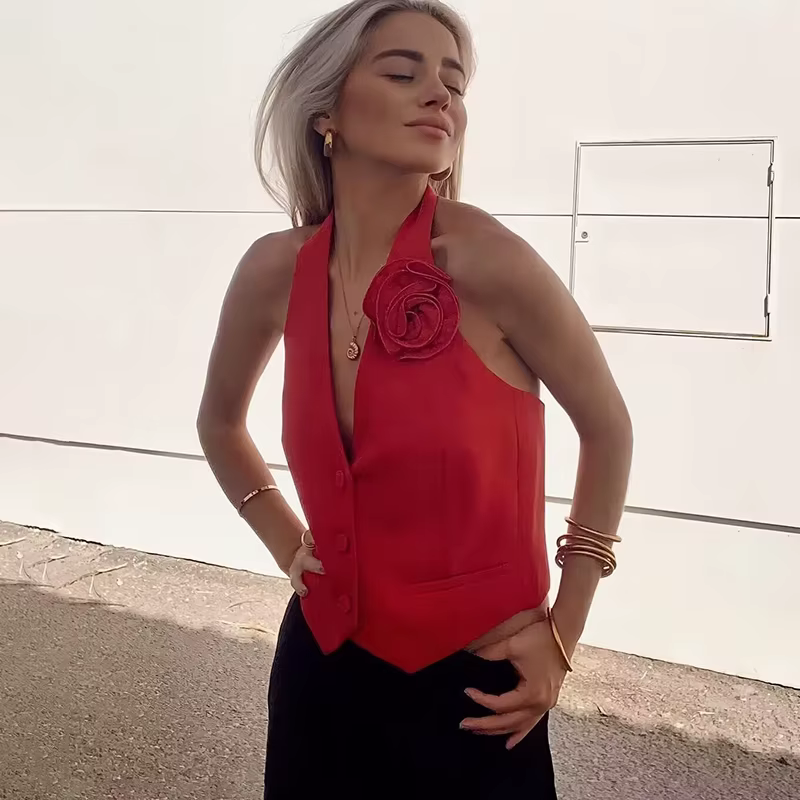 Tuularose fleur décoration gilet haut pour femmes col en V licou simple boutonnage